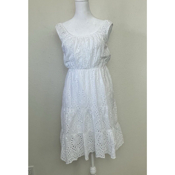 Lungo L'arno Dress Womens Medium Ruffle Hem‎ Cotton Eyelet Midi Sun Cottagecore - Picture 12 of 14